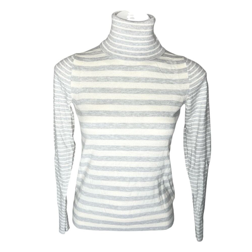 Banana Republic Striped Turtleneck Sweater Small Cotton Cashmere Gray White